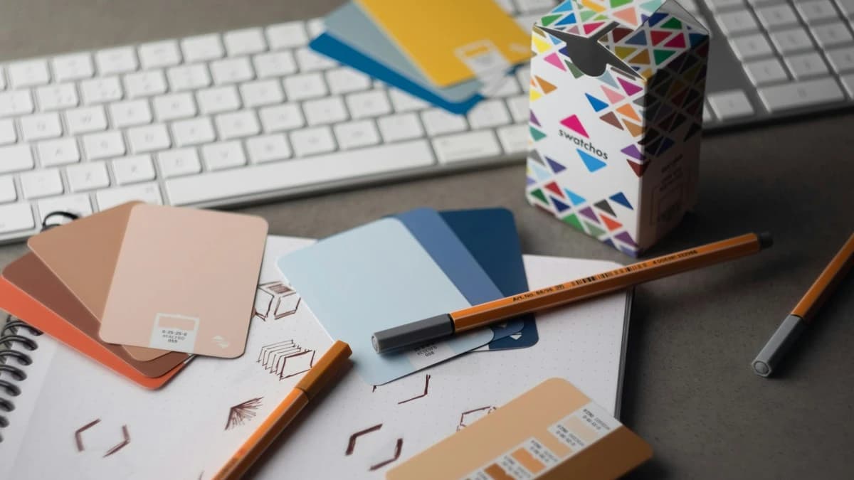 FlowAIVideo use case: concept artist desk with color swatches and sketches