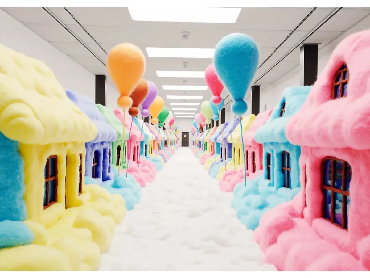 FlowAIVideo image studio still of a corridor of cotton-candy houses