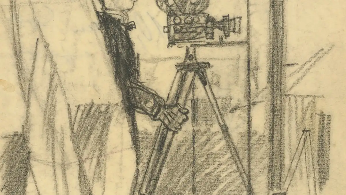 FlowAIVideo use case: pencil storyboard sketch of a camera operator before a shoot