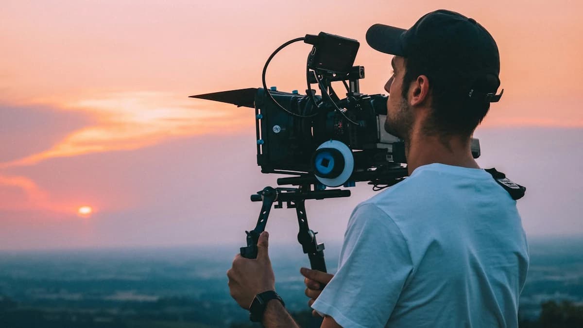 FlowAIVideo use case: filmmaker framing a wide sunset landscape with a cinema rig
