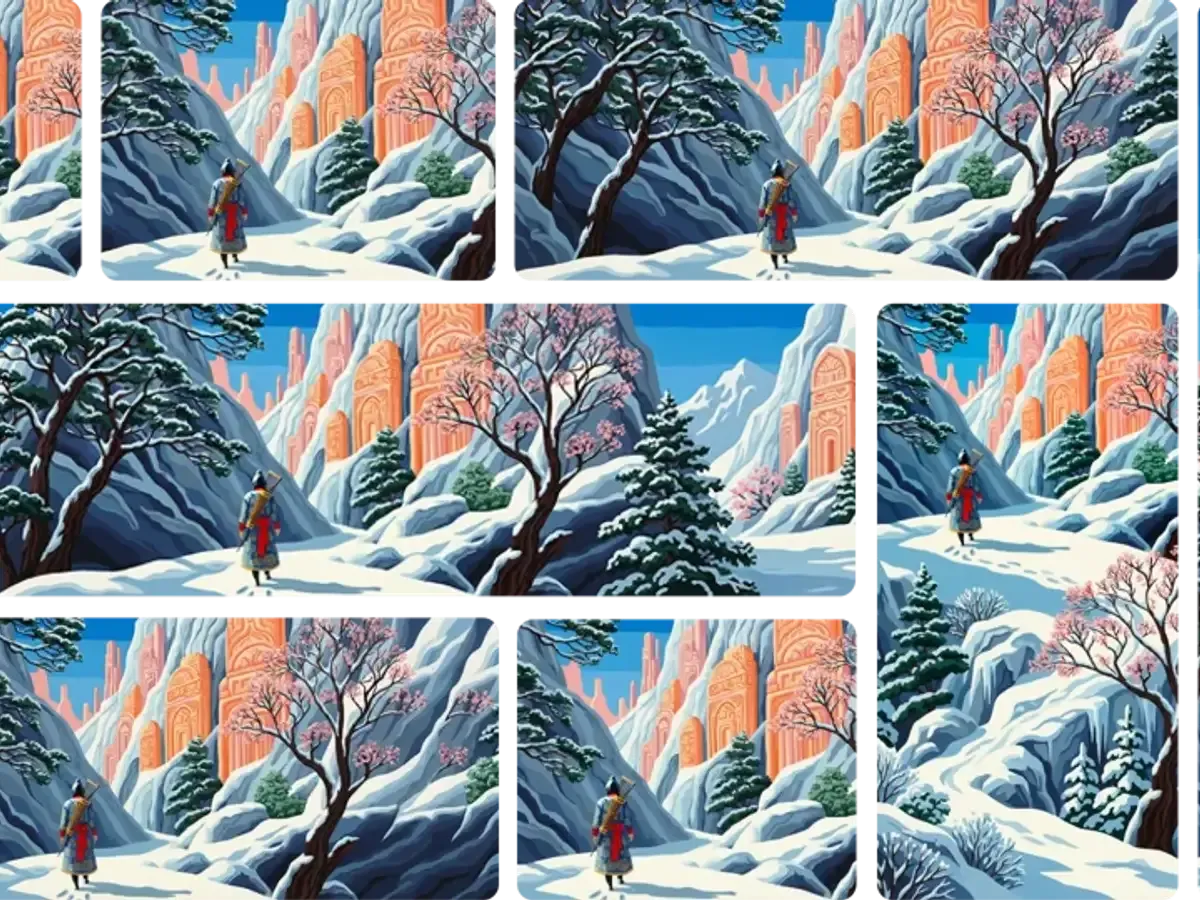 FlowAIVideo AI image generator output of one snowy scene in several aspect ratios