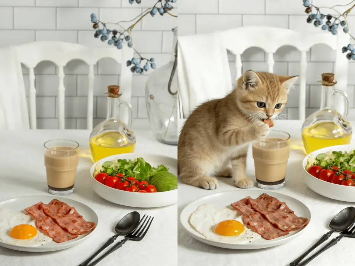 FlowAIVideo photo edit adding a kitten to a breakfast table