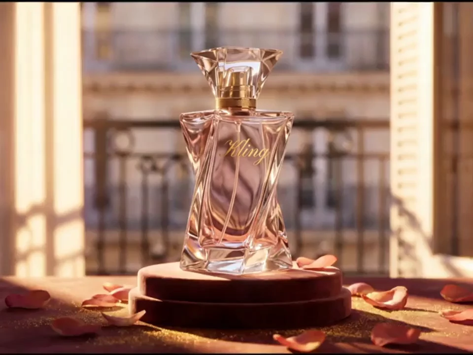 FlowAIVideo product reveal shot of a perfume bottle on a petal-strewn stand