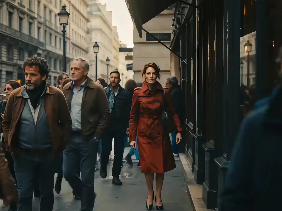 FlowAIVideo text to video shot of a woman in a red trench coat on a crowded street