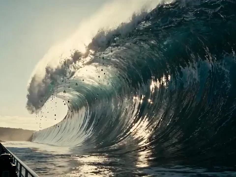 FlowAIVideo widescreen shot of a kite-surfer riding ahead of a towering wave